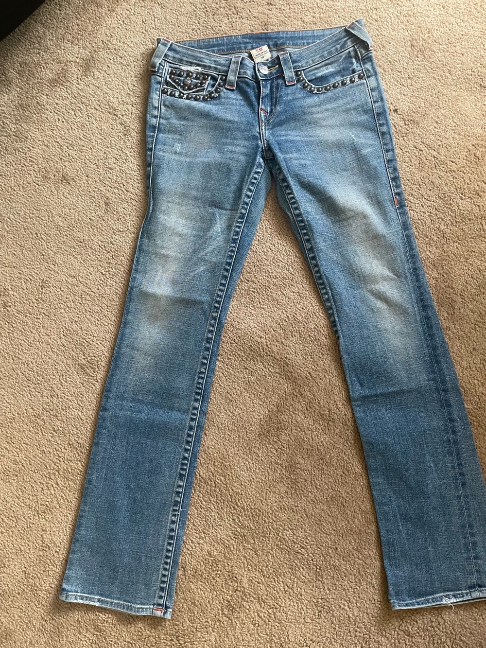 True Religion Women's Blue Straight-Leg Jeans with Studded Pockets
